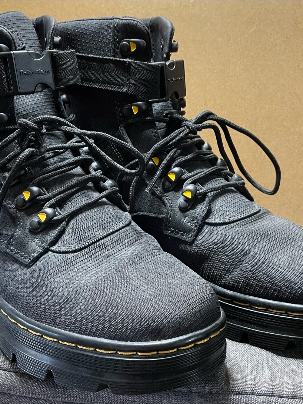 Dr. Martens Black Tactical Lace-Up Combat Boots with Yellow Accents